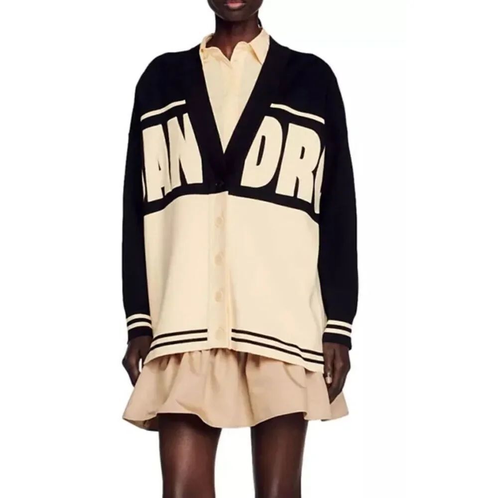 NWOT Sandro Benidorm Oversized Logo Appliqué Color Block Cardigan Women's S/M